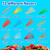 Visual chart of 12 sour belt flavors including cotton candy, mango, green apple, watermelon, and more